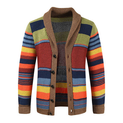Herren Regenbogen Pullover Mantel Herbst und Winter Lapel Farbe Strick Cardigan Top Performance