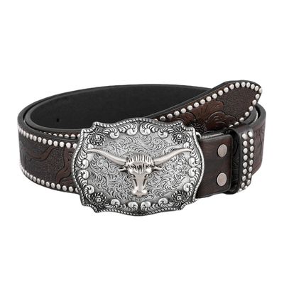 Unisex Vintage Kuhkopf Prägung PU-Ledergurt mit Buckel Festung Western Rivet Gurt