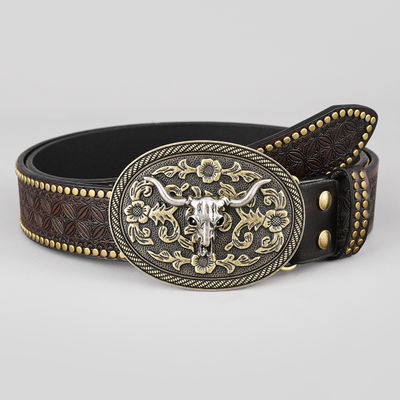 Unisex Vintage Kuhkopf Prägung PU-Ledergurt mit Buckel Festung Western Rivet Gurt