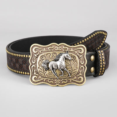 Unisex Vintage Kuhkopf Prägung PU-Ledergurt mit Buckel Festung Western Rivet Gurt