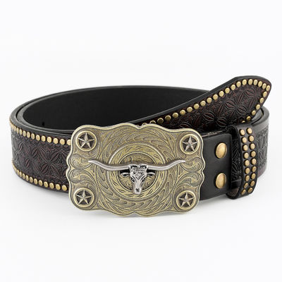 Unisex Vintage Kuhkopf Prägung PU-Ledergurt mit Buckel Festung Western Rivet Gurt