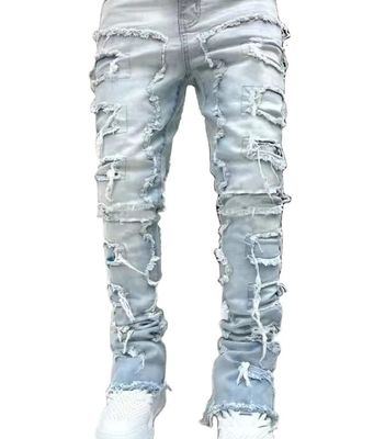 Straßenstil Herren Stiefel Schnitt Hellblau beschädigt Tassel Applique Jeans Spandex/Baumwolle