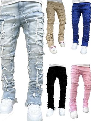 Straßenstil Herren Stiefel Schnitt Hellblau beschädigt Tassel Applique Jeans Spandex/Baumwolle