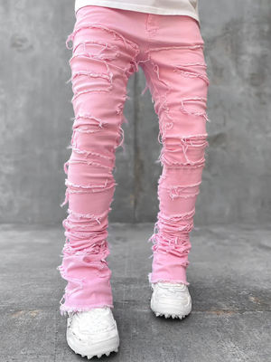 Straßenstil Herren Stiefel Schnitt Hellblau beschädigt Tassel Applique Jeans Spandex/Baumwolle