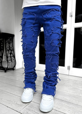 Straßenstil Herren Stiefel Schnitt Hellblau beschädigt Tassel Applique Jeans Spandex/Baumwolle