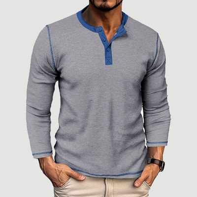 Lange Ärmel Leere Herren Henley Baumwoll-T-Shirts Leichtgewicht Knopf-T-Shirts mit rundem Hals