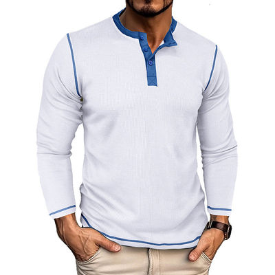 Lange Ärmel Leere Herren Henley Baumwoll-T-Shirts Leichtgewicht Knopf-T-Shirts mit rundem Hals