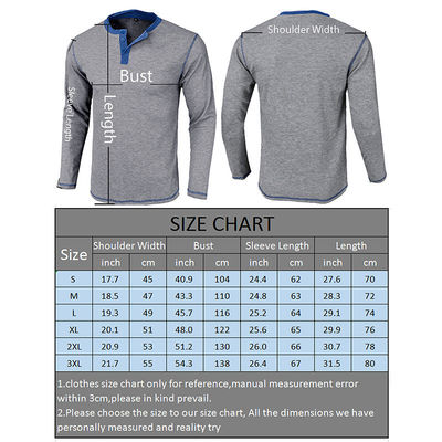 Lange Ärmel Leere Herren Henley Baumwoll-T-Shirts Leichtgewicht Knopf-T-Shirts mit rundem Hals