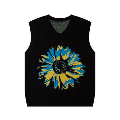 Männer-Sonnenblumen-Pullover mit V-Hals, Pullover mit Strickweste, Jacquard-Shoes ohne Ärmel