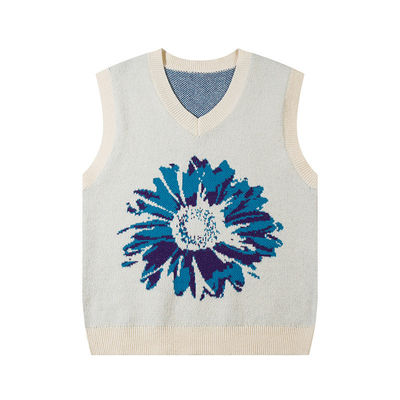 Männer-Sonnenblumen-Pullover mit V-Hals, Pullover mit Strickweste, Jacquard-Shoes ohne Ärmel