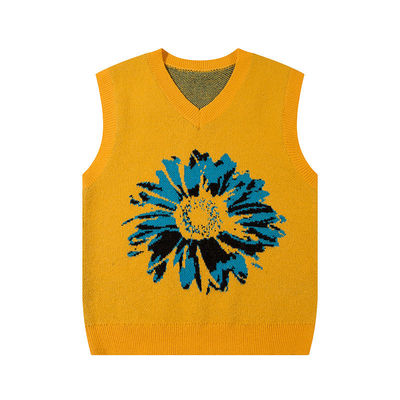 Männer-Sonnenblumen-Pullover mit V-Hals, Pullover mit Strickweste, Jacquard-Shoes ohne Ärmel