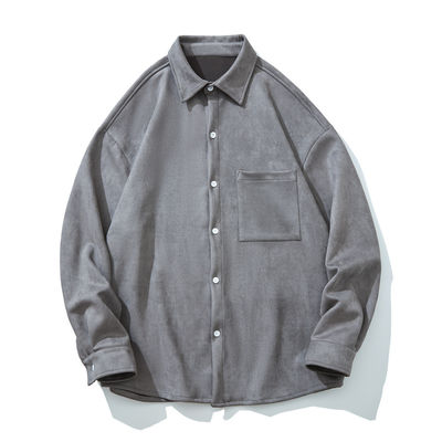 Herren Winter 2023 Suede Solidfarbe Langärme Shirt mit Taschen und lockerer Passform