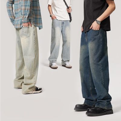 Mid Waist Typ Herren Denim Hosen Custom gewaschen gerade Jeans mit Licht Plaid Print