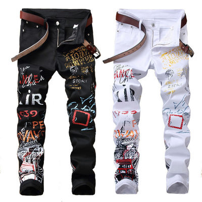 Winter Logo Muster Digitaldruck Herren Jeans Nachtclub Schwarz Weiß Designer Jeans Männer