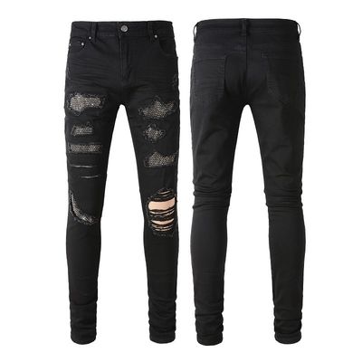 Zwei-Schicht-Gürtel-Gürtel-Falt-Design Schwarzer Strass-Stapel-Skinny-Denim Jeans für Männer