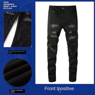 Zwei-Schicht-Gürtel-Gürtel-Falt-Design Schwarzer Strass-Stapel-Skinny-Denim Jeans für Männer