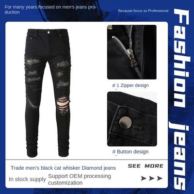 Zwei-Schicht-Gürtel-Gürtel-Falt-Design Schwarzer Strass-Stapel-Skinny-Denim Jeans für Männer