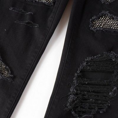 Zwei-Schicht-Gürtel-Gürtel-Falt-Design Schwarzer Strass-Stapel-Skinny-Denim Jeans für Männer