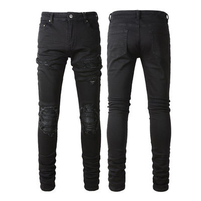 Gewebte schwarze Casual Atmungsfähige zerrissene Stretch elastische Designer Patch Herren Jeans Hosen