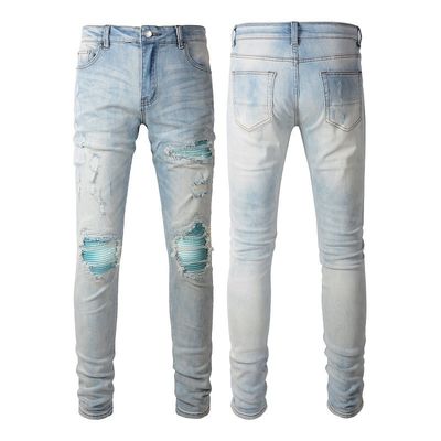 PUNK STYLE Männliche zerrissene schlanke Mittellange Taille Blaue Denim Vintage gewaschene Stretch