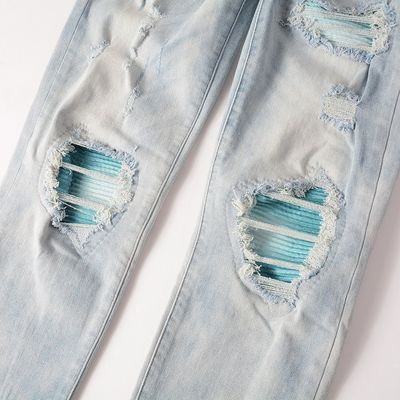 PUNK STYLE Männliche zerrissene schlanke Mittellange Taille Blaue Denim Vintage gewaschene Stretch