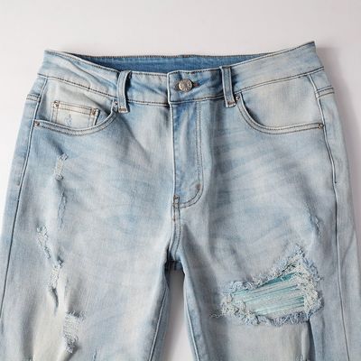 PUNK STYLE Männliche zerrissene schlanke Mittellange Taille Blaue Denim Vintage gewaschene Stretch