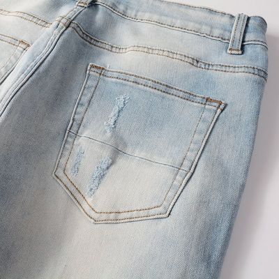 PUNK STYLE Männliche zerrissene schlanke Mittellange Taille Blaue Denim Vintage gewaschene Stretch