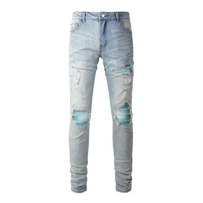 PUNK STYLE Männliche zerrissene schlanke Mittellange Taille Blaue Denim Vintage gewaschene Stretch