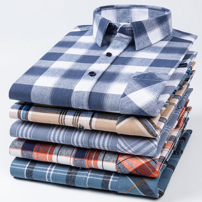 Plus-Size Business-Shirts aus 100% Baumwolle mit gebürstetem Plaid-Halsband und langen Ärmeln