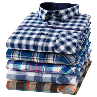 Plus-Size Business-Shirts aus 100% Baumwolle mit gebürstetem Plaid-Halsband und langen Ärmeln