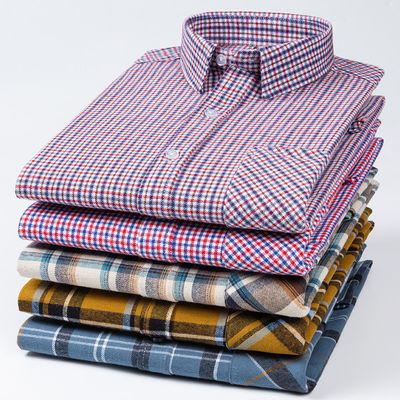 Plus-Size Business-Shirts aus 100% Baumwolle mit gebürstetem Plaid-Halsband und langen Ärmeln