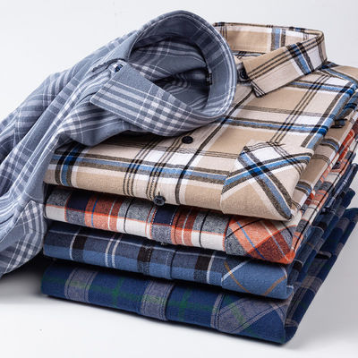 Plus-Size Business-Shirts aus 100% Baumwolle mit gebürstetem Plaid-Halsband und langen Ärmeln