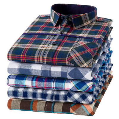 Plus-Size Business-Shirts aus 100% Baumwolle mit gebürstetem Plaid-Halsband und langen Ärmeln