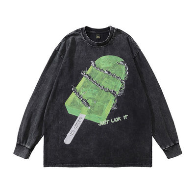 250 Gramm gewaschener Langärmeliger Herrenpullover Retro Hip Hop Runder Hals Pullover Stoff