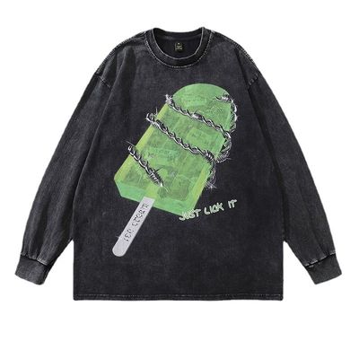 250 Gramm gewaschener Langärmeliger Herrenpullover Retro Hip Hop Runder Hals Pullover Stoff