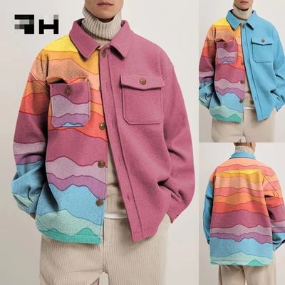 Lange Ärmel-Casual-Männermantel mit farbenfrohem geometrischem Muster und Gewebemethode