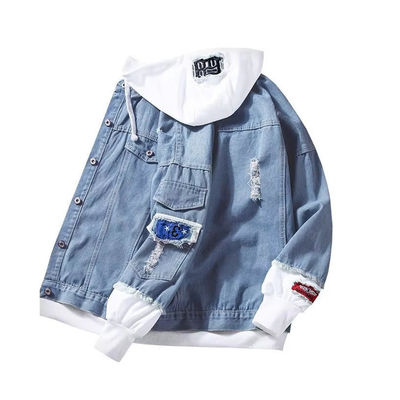 Herren-Denim-Zwei-Stücke-Street-Versity-Windbreaker-Outfits mit Chenille-Briefpatches