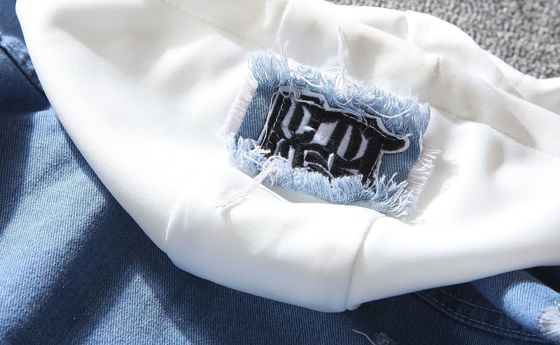 Herren-Denim-Zwei-Stücke-Street-Versity-Windbreaker-Outfits mit Chenille-Briefpatches
