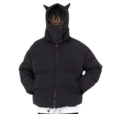 Devil Horn Maskierte Schwarze Kapuzen-Männer-Hintermantel Winter Blazer Bomber Jacke Blasenschnee Windbreaker für Männer